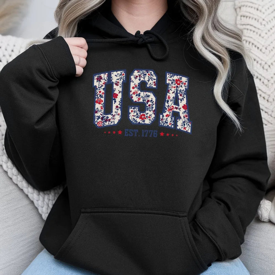 Fourth of July USA Hoodie | Vintage Floral Print Est. 1776 | Premium Comfort Colors Cotton | Patriotic Gift for Her, American Pride Apparel