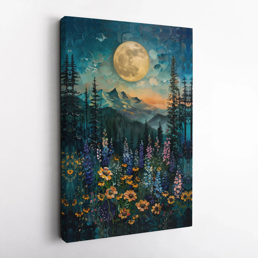 Full Moon Mountain Canvas Wall Art | Impasto Wildflower Meadow Landscape | Gallery-Wrapped Premium Print | Nature-Inspired Home Decor Gift