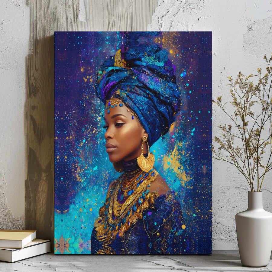 African Queen Canvas Art | Regal Galaxy Portrait with Blue Headwrap | Premium Gallery-Wrapped Wall Decor | Empowering Black Woman Art Print Gift