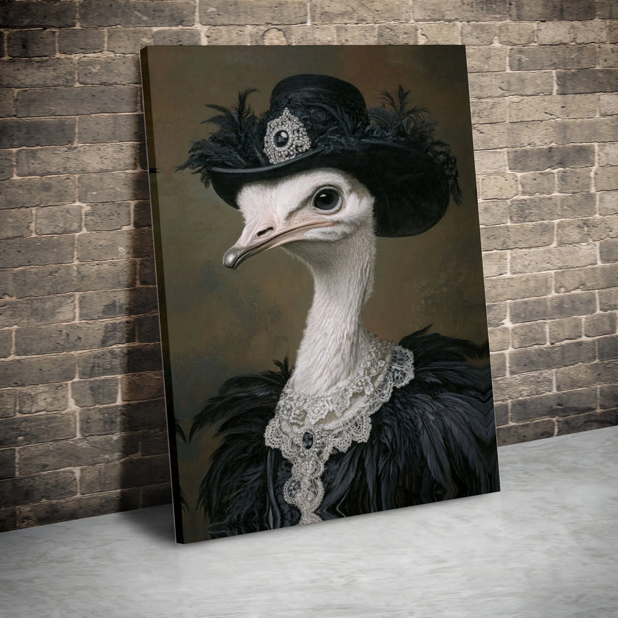 Ostrich Portrait Wall Art | Victorian Bird in Black Lace Bonnet | Gallery Quality Framed Canvas | Quirky Animal Decor for Home Office