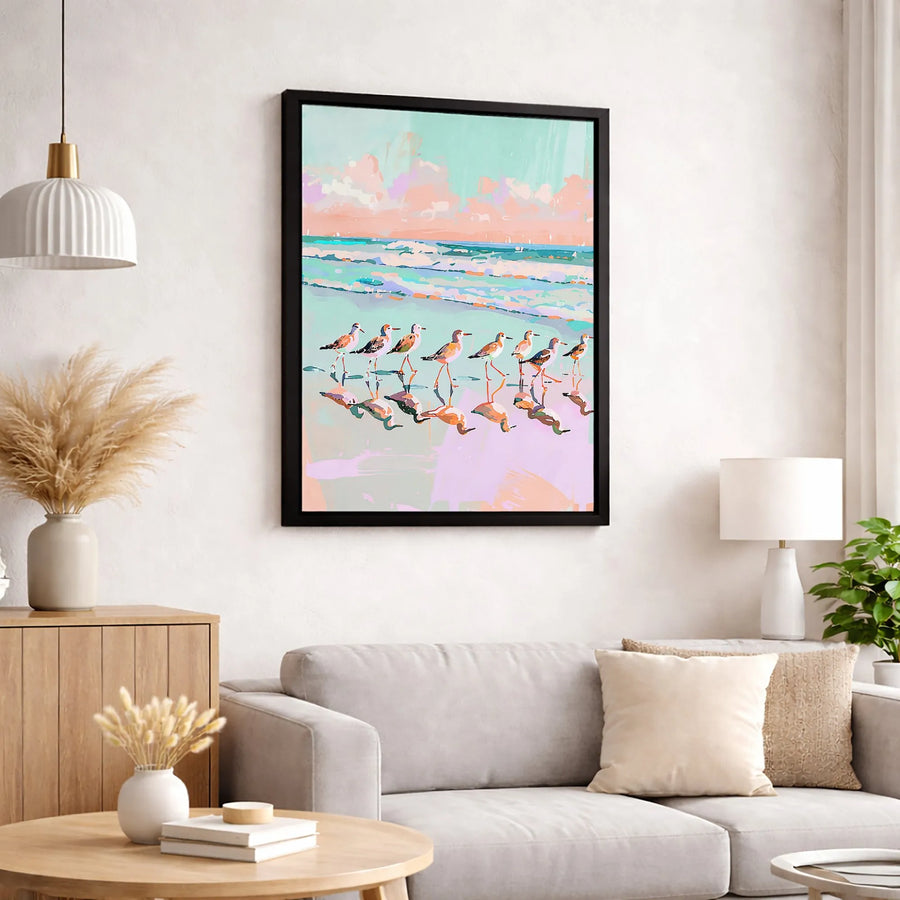 Sandpiper Beach Art Canvas | Pastel Coastal Shorebird Painting | Gallery Quality Fade-Resistant Wall Decor | Modern Living Room Gift