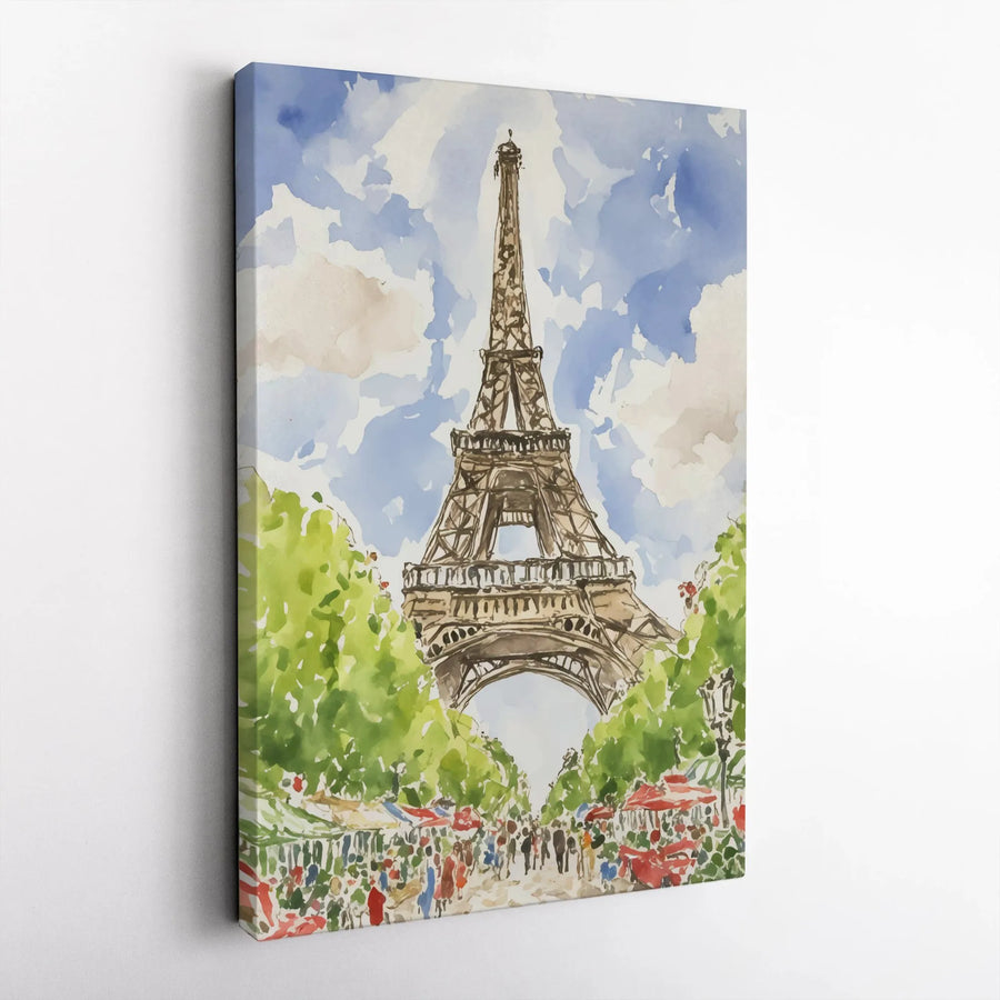 Eiffel Tower Canvas Art | Watercolor Paris Street Scene Print | 1.25-Inch Gallery Wrap | Travel Inspired Home Decor Wall Art