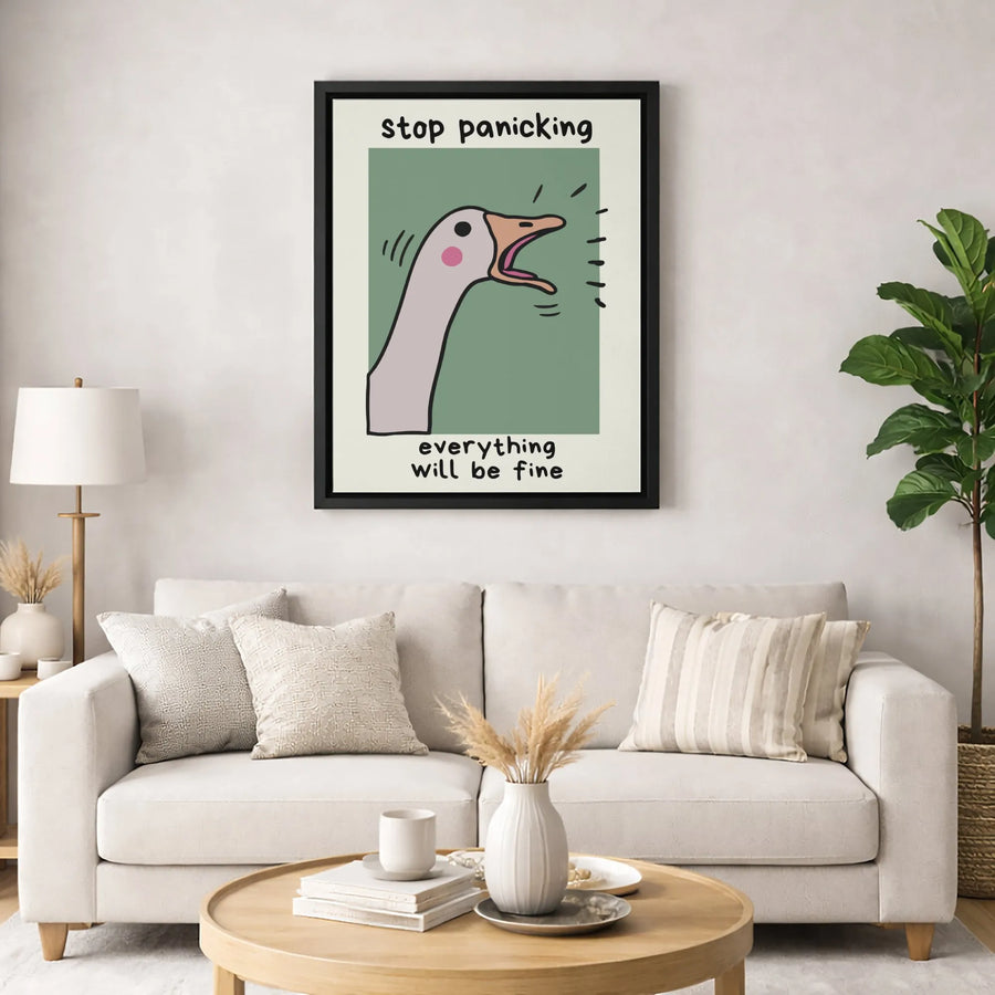 Screaming Goose Canvas Wall Art | Stop Panicking Everything Will Be Fine Quote | Premium Gallery Wrapped Print | Funny Home Decor Gift Idea