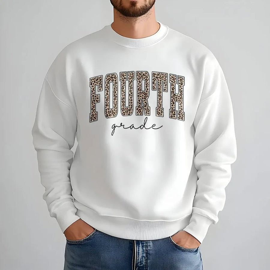 Fourth Grade Teacher Sweatshirt | Leopard Print Varsity Lettering | Soft Cotton Blend | Gift for Elementary School Teachers