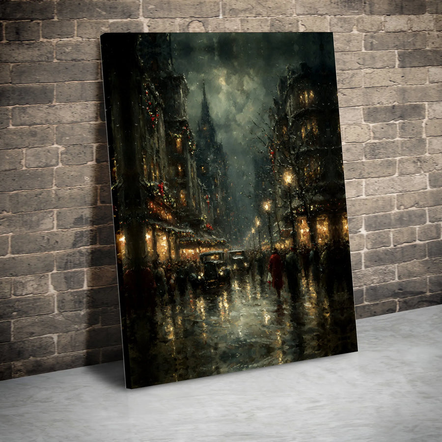 Vintage Christmas City Canvas Print | Moody Dark Academia Snowy Street Art | Premium 1.25" Gallery Wrap | Holiday Wall Decor for Home Office