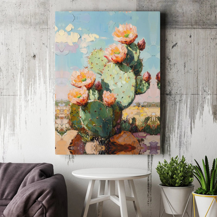 Blooming Prickly Pear Cactus Canvas Print | Impasto Style Desert Wall Art | Premium Fade-Resistant Gallery Wrap | Southwestern Home Decor Gift