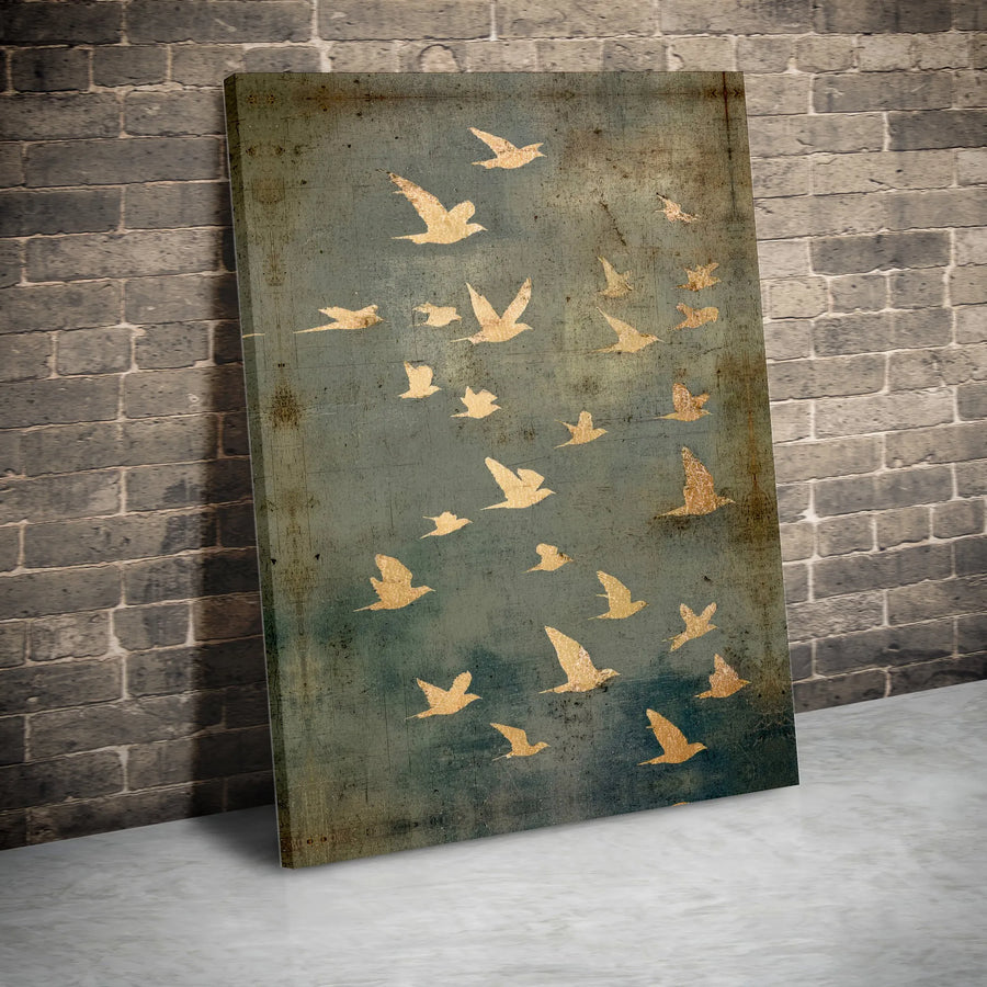 Golden Birds Wall Art | Flying Flock Distressed Canvas | Premium Gallery Wrapped Print | Modern Minimalist Home Decor Gift