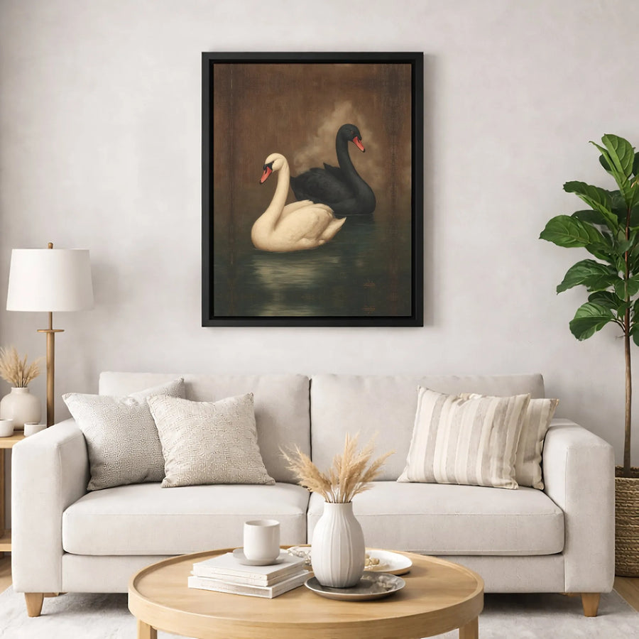 Black And White Swan Canvas Art | Vintage Style Wildlife Painting | Premium Gallery Wrap Wall Decor | Elegant Nature Home Gift