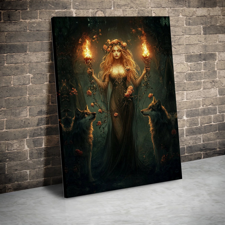 Goddess and Wolves Canvas Print | Dark Fantasy Forest Illustration | Premium Gallery Quality Canvas | Collector's Gift for Fantasy Art Lover