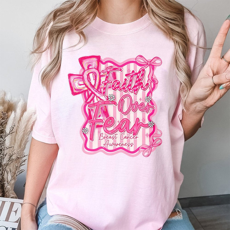 Breast Cancer Awareness T-Shirt | Faith Over Fear Coquette Pink Ribbon Design | 100% Cotton Premium Tee | Supportive Gift for Survivors & Fighters