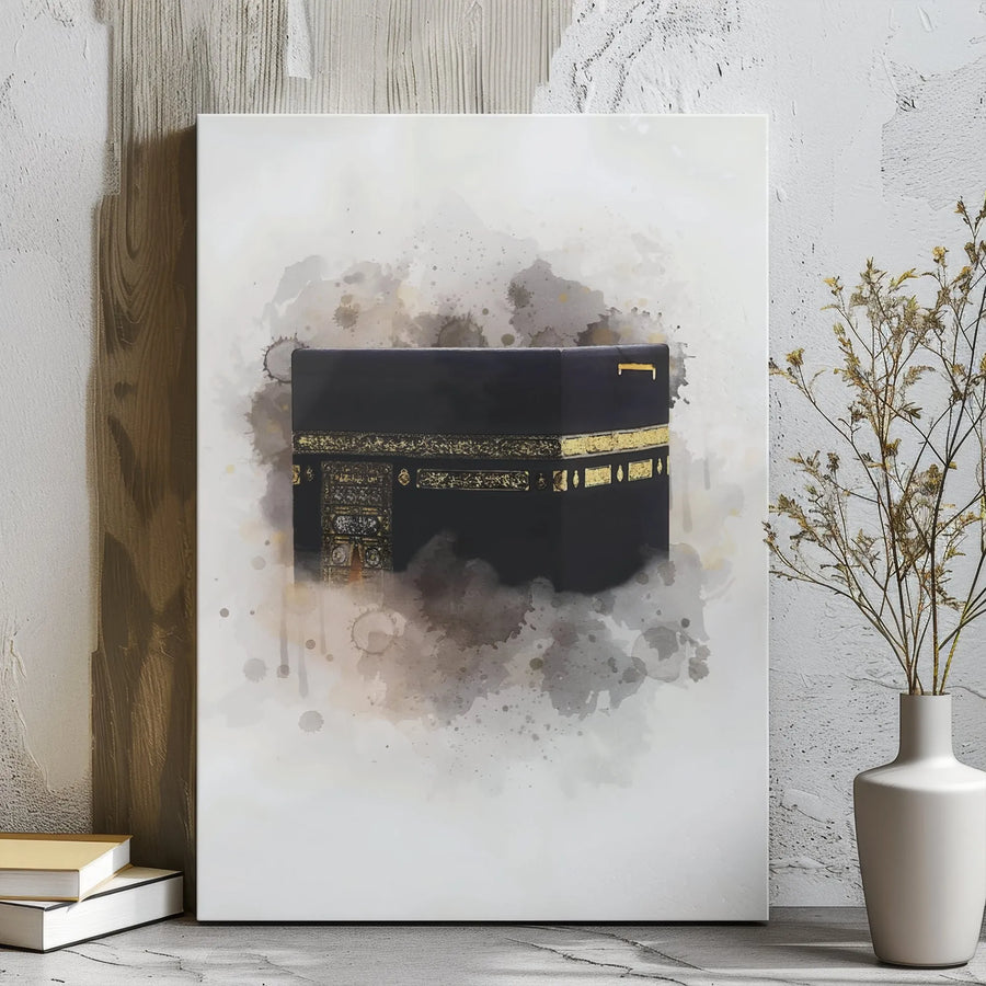 Kaaba Mecca Canvas Wall Art | Watercolor Splatter Islamic Decor | Premium Gallery Wrap Print | Spiritual Home Office Gift for Muslim Decor