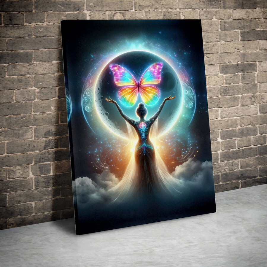 Celestial Goddess Canvas Art | Rainbow Butterfly Cosmic Moon Wall Decor | Premium 1.25-Inch Gallery Wrap | Spiritual Home Gift