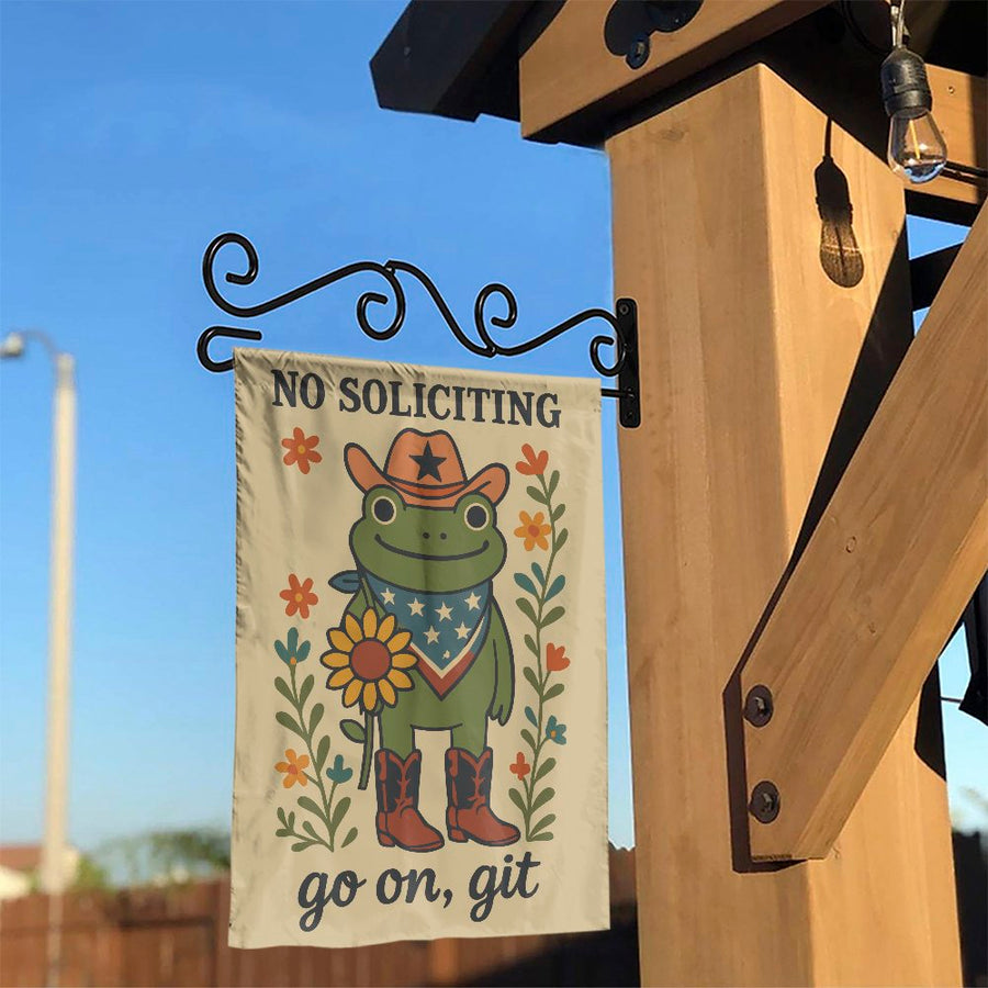 No Soliciting Garden Flag | Cowboy Frog with Sunflower Design | Durable Weather-Resistant Polyester | Funny Outdoor Yard Decor Gift for Frog Lovers