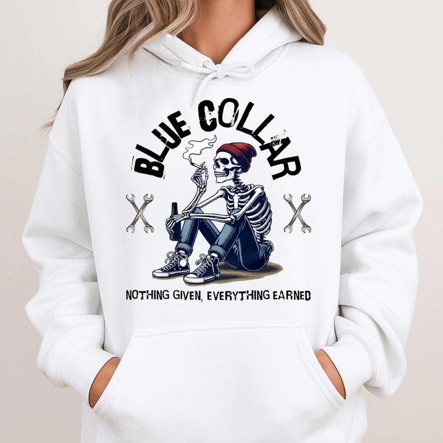 Blue Collar Hoodie | Nothing Given Everything Earned Skeleton Graphic | Premium Cotton Blend Sweatshirt | Gift for Tradesmen Mechanic Builder