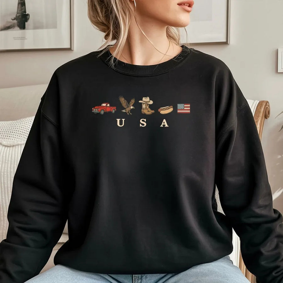 Patriotic Americana Sweatshirt | Vintage USA Icons Graphic with American Flag | Soft Cotton Blend | 4th of July Independence Day Gift for Men & Women