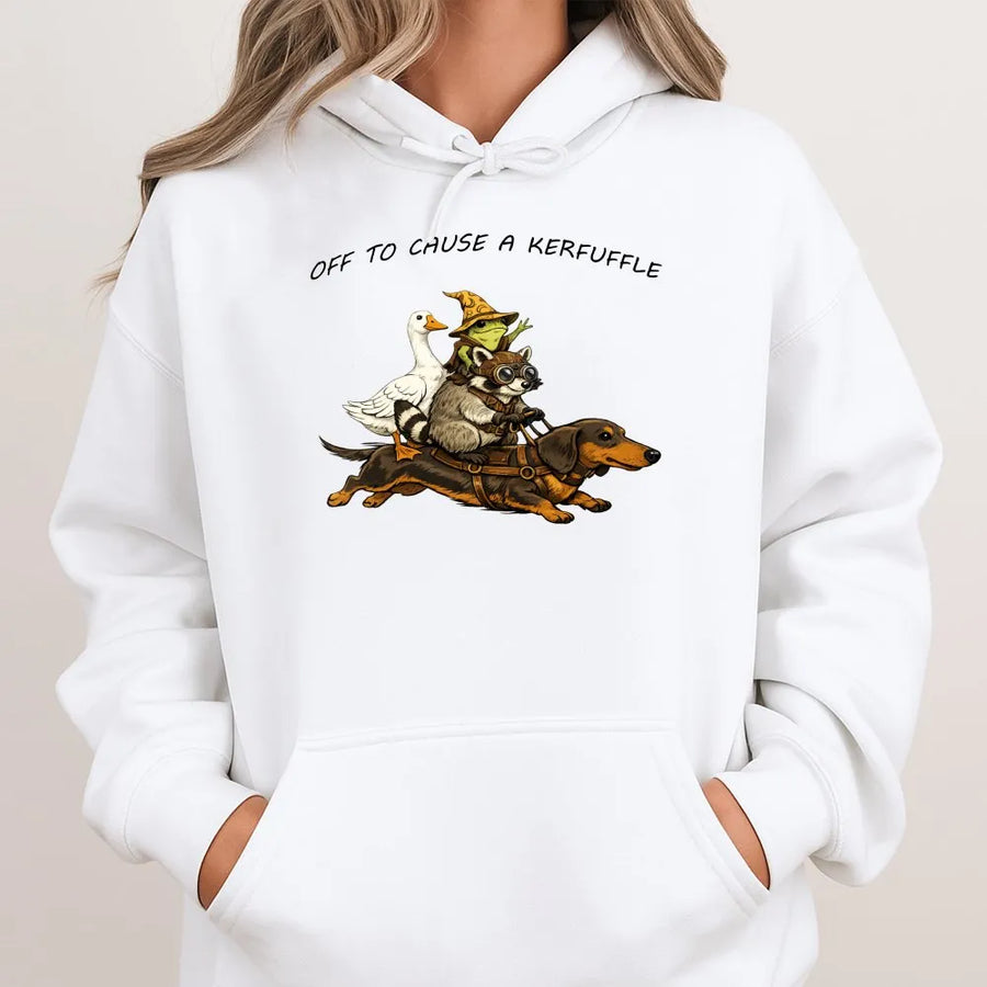 Off To Cause A Kerfuffle Hoodie | Funny Raccoon Riding Dachshund Graphic Tee | Premium Soft Cotton | Sarcastic Humor Gift for Animal Lovers