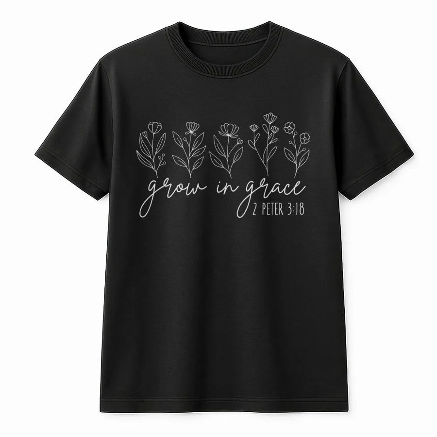 Grow In Grace T-Shirt | Minimalist Floral Bible Verse Graphic | Premium Cotton Unisex Tee | Christian Gift for Her Faith Apparel