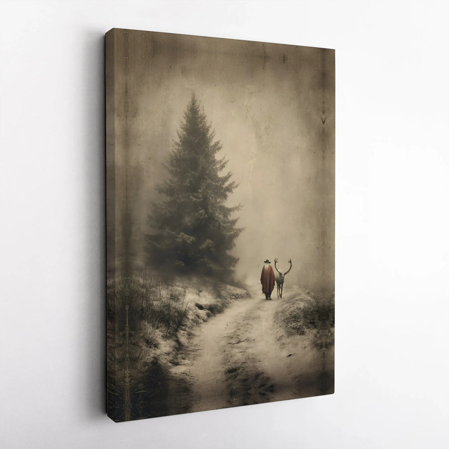Winter Forest Canvas Wall Art | Vintage Santa Claus Walking with Reindeer | Premium Gallery Wrapped Print | Holiday Home Decor Gift