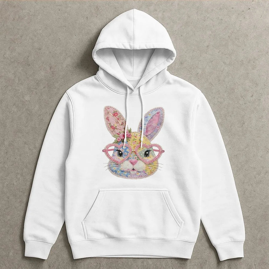 Floral Easter Bunny Hoodie | Patchwork Heart Glasses Design | Premium Cotton Blend | Gift for Spring Seasonal Style
