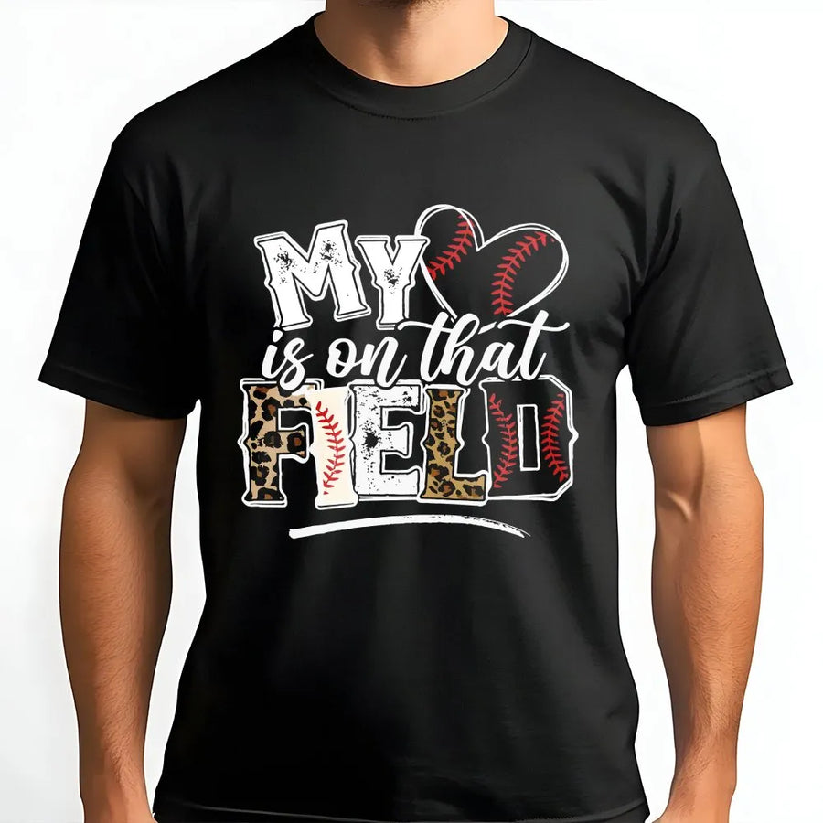 Baseball Mom T-Shirt | My Heart Is On That Field Leopard Print Graphic | Soft Cotton-Poly Blend | Mother's Day Gift for Baseball Mama