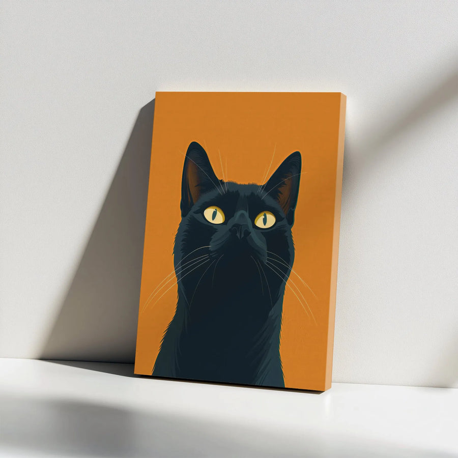 Black Cat Canvas Wall Art | Minimalist Yellow Eye Portrait | Premium Gallery Wrap Print | Modern Home Decor Gift for Cat Lovers
