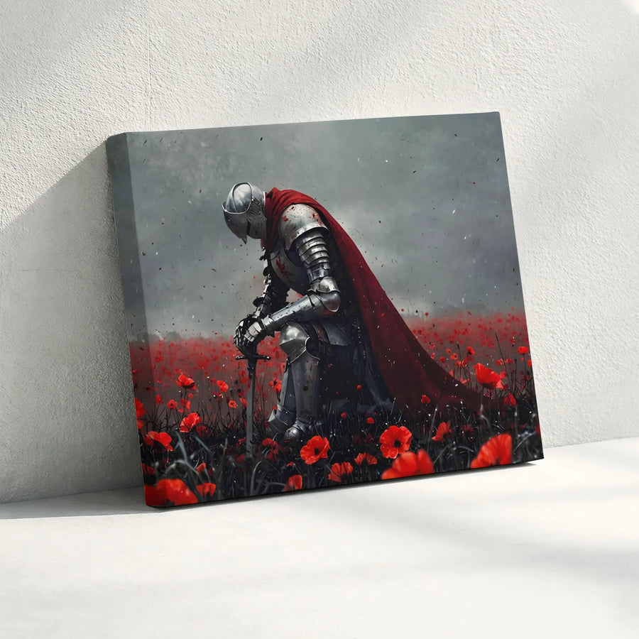 Kneeling Knight Canvas Wall Art | Warrior in Poppy Field Print | Premium Gallery-Quality Canvas | Medieval Fantasy Home Decor Gift for Him