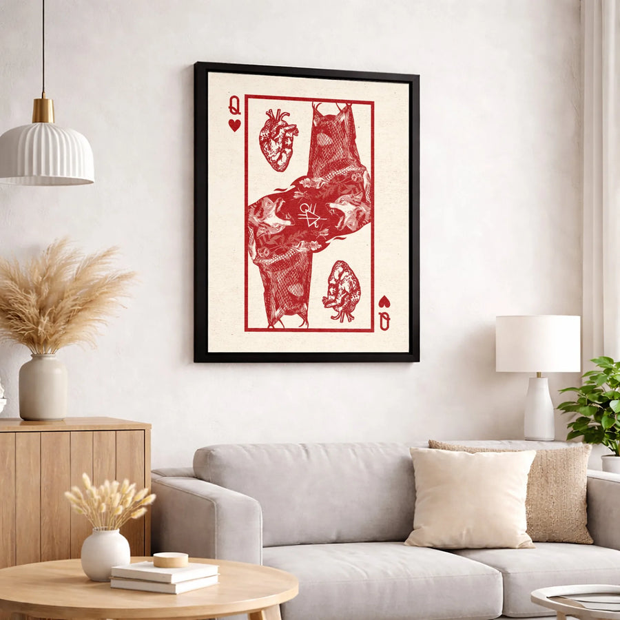 Queen of Hearts Playing Card Canvas | Gothic Wolf and Anatomical Heart Wall Art | Premium Gallery Wrapped Decor | Unique Dark Academia Gift