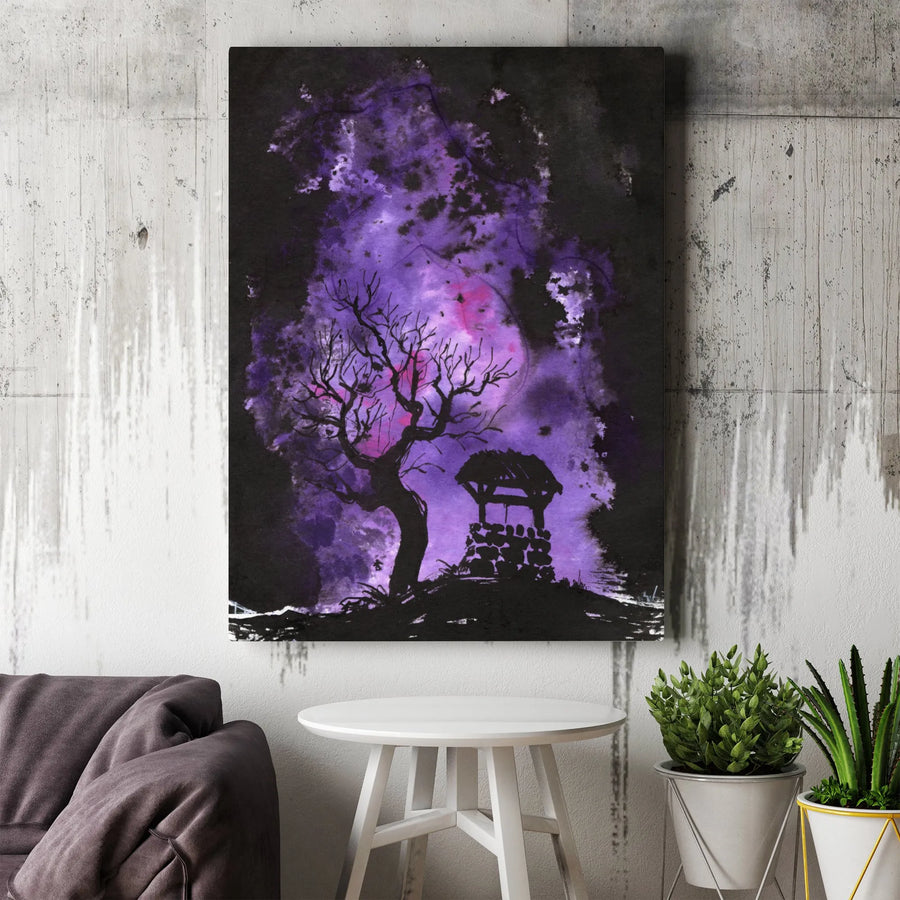 Gothic Tree and Wishing Well Canvas Art | Purple Night Sky Watercolor Wall Decor | Premium Gallery Wrap Print | Spooky Halloween Home Gift