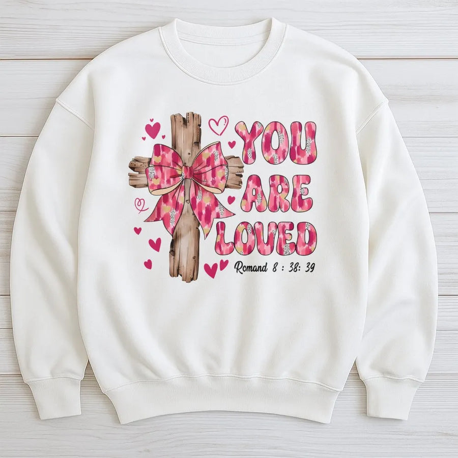 You Are Loved Christian Sweatshirt | Pink Coquette Bow Cross Design | Premium Cotton Blend | Faith Based Valentine Gift for Her