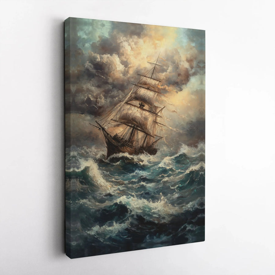 Tall Ship Stormy Sea Canvas Art | Dramatic Nautical Ocean Painting | Gallery Quality Premium Print | Home Office Wall Decor Gift