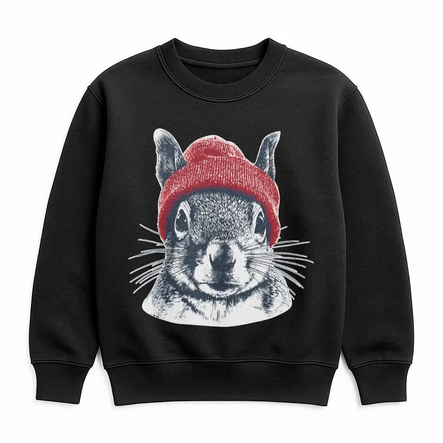 Squirrel Sweatshirt | Hipster Animal in Red Beanie Graphic | Premium Cotton Blend | Funny Wildlife Lover Gift for Men and Women