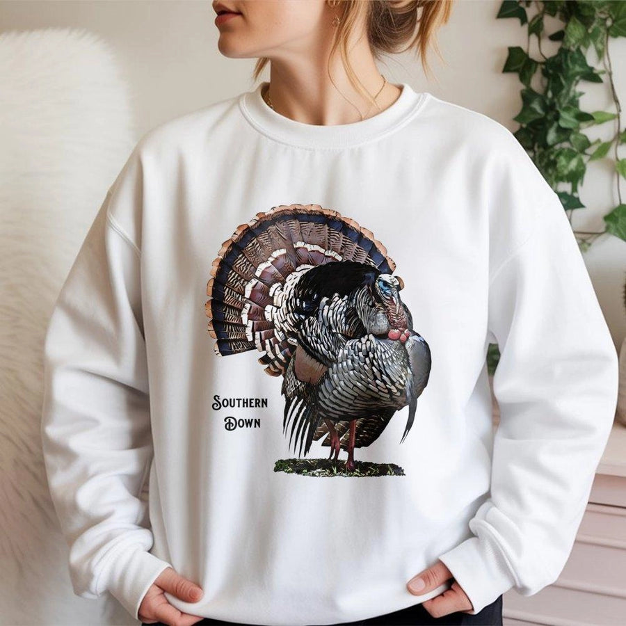 Wild Turkey Graphic Sweatshirt | Southern Down Wildlife Hunting Art | Premium Cotton Blend Crewneck | Outdoorsman Gift For Hunter And Nature Lover