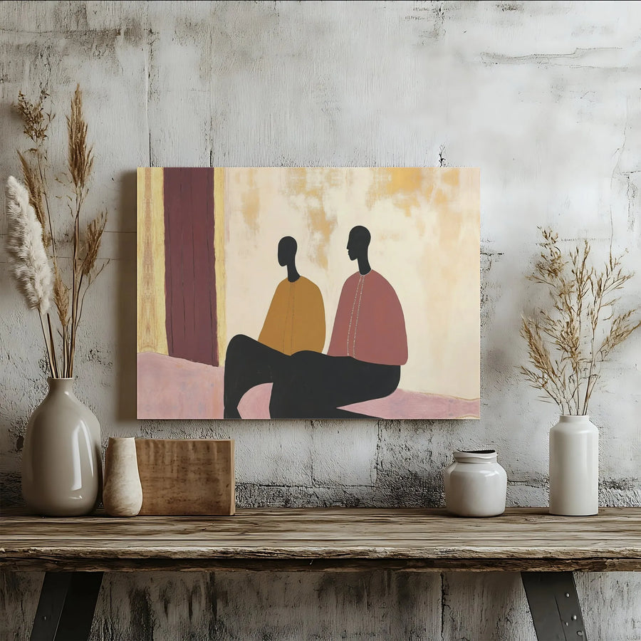 African Abstract Wall Art | Seated Figures Minimalist Canvas Print | Gallery-Quality 1.25 Inch Profile | Modern Boho Living Room Decor Home Gift