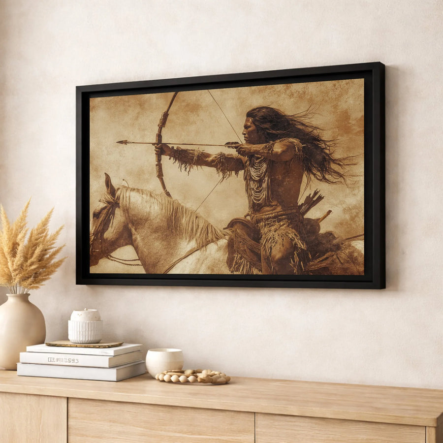 Native American Warrior Wall Art | Sepia Tone Archer On Horseback | Premium Gallery Wrapped Canvas | Western Decor For Living Room Gift