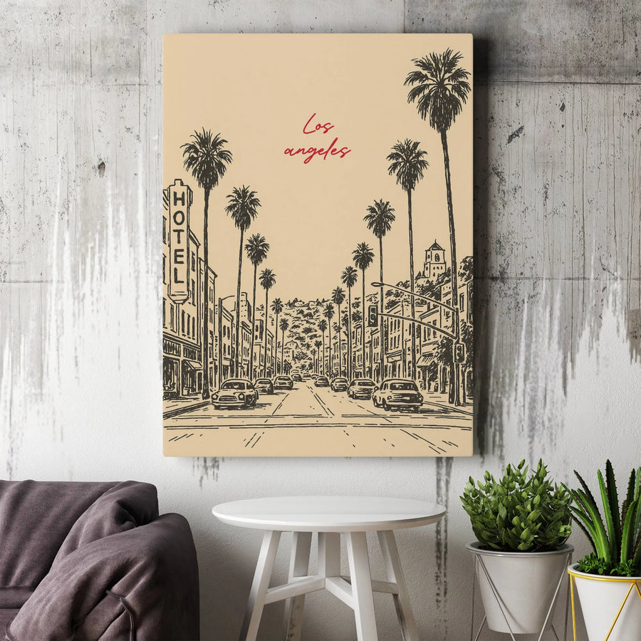 Los Angeles Wall Art | Vintage Sketch Palm Trees Street Scene | Premium Gallery Canvas | California Travel Decor Gift for Home or Office