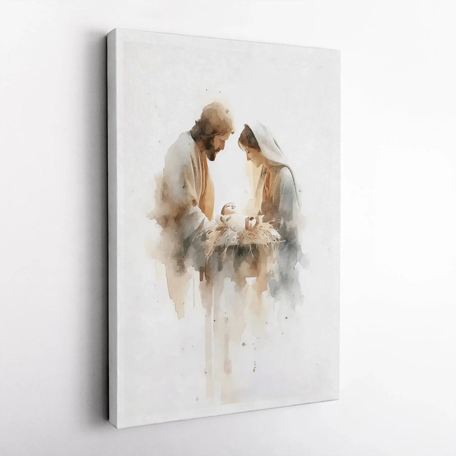 Watercolor Nativity Scene Canvas | Holy Family Religious Wall Art | Premium Gallery Wrap | Christian Christmas Home Decor Gift