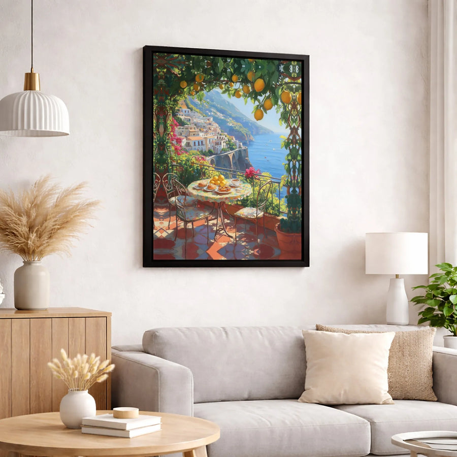 Amalfi Coast Wall Art | Italian Lemon Tree Seaside Balcony View | Premium Gallery Wrap Canvas | Mediterranean Home Decor Gift