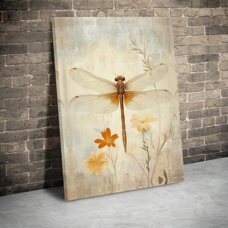 Vintage Dragonfly Canvas Wall Art | Orange and Yellow Wildflower Botanical Print | Premium Gallery-Wrapped Decor | Nature Inspired Gift for Home
