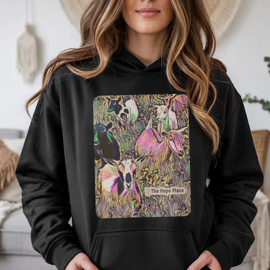 Artistic Goat Hoodie | Colorful Psychedelic Farm Animal Graphic | Premium Cotton-Poly Blend | Unique Gift for Animal Lovers