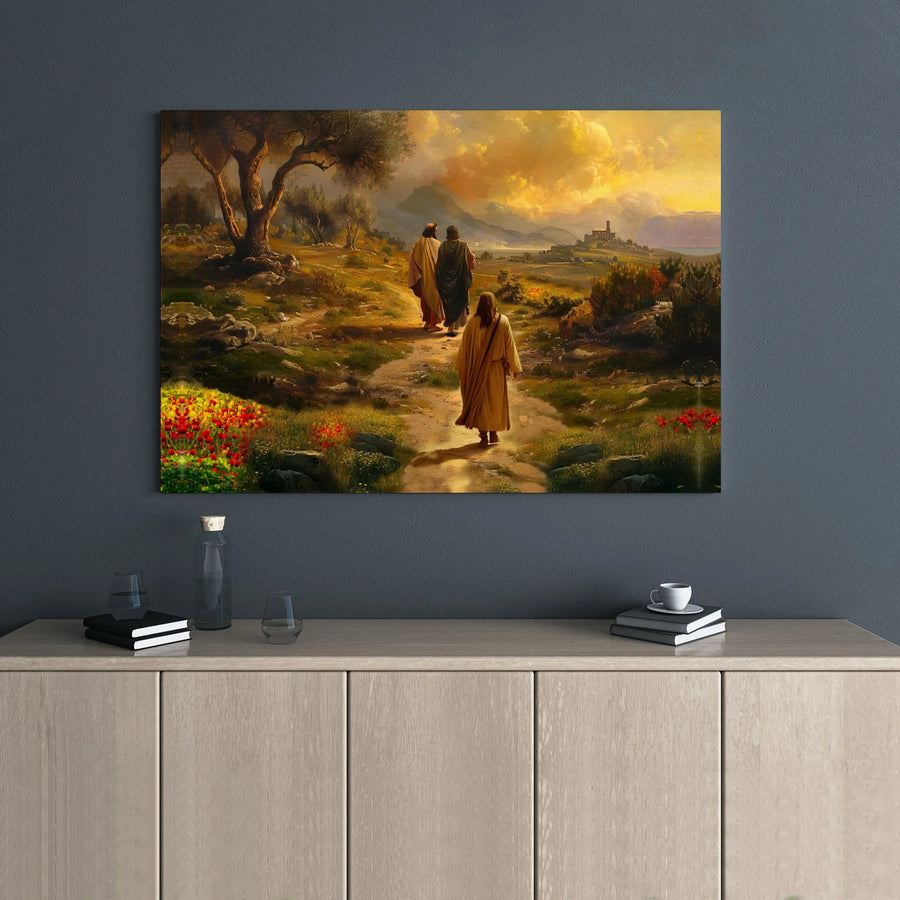 Jesus on the Road to Emmaus Canvas Wall Art | Biblical Landscape Scripture Print | Premium Gallery Wrap Decor | Religious Gift for Christian Home