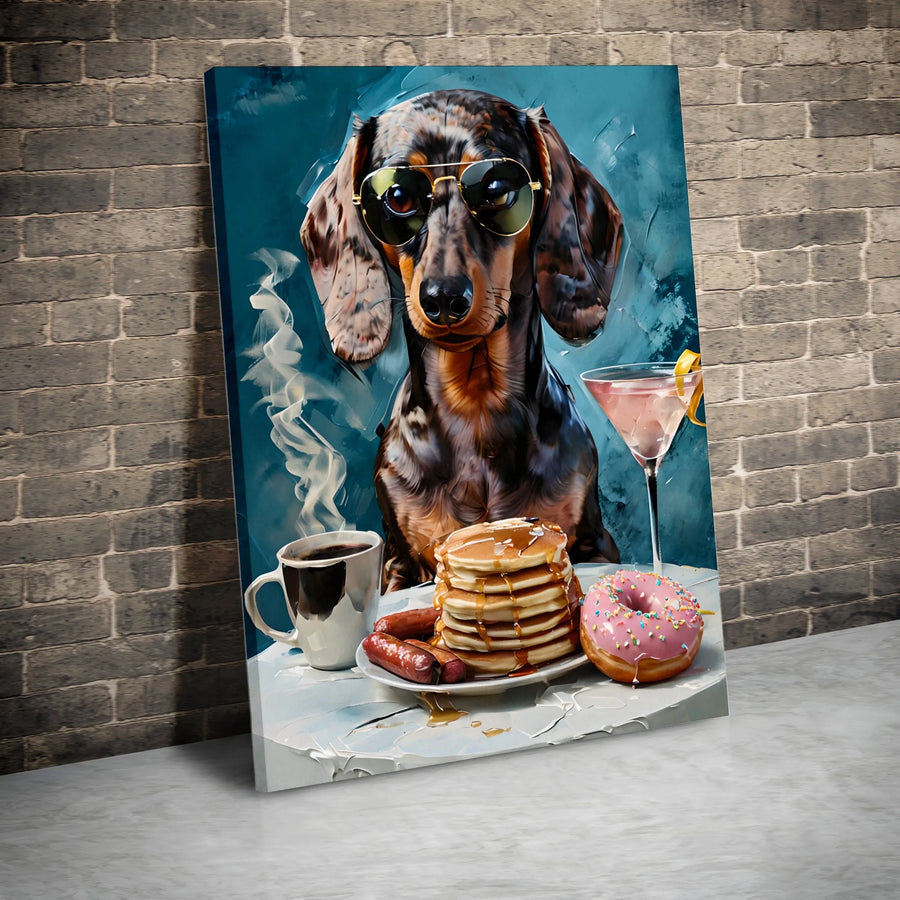 Dachshund Canvas Wall Art | Cool Dog Wearing Sunglasses Breakfast Print | 1.25 Inch Gallery Wrap | Unique Gift for Dog Lovers