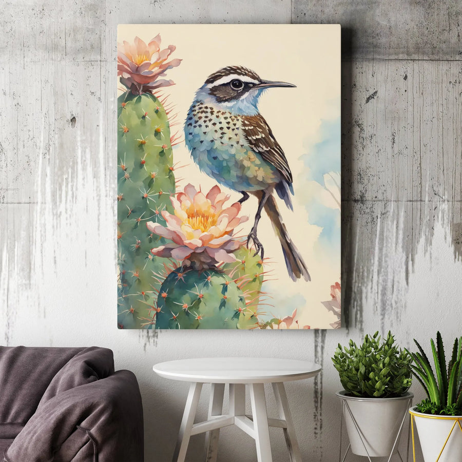 Watercolor Cactus Wren Canvas | Blooming Saguaro Desert Art | 1.25 Inch Gallery Wrap | Southwestern Nature Gift for Home Decor