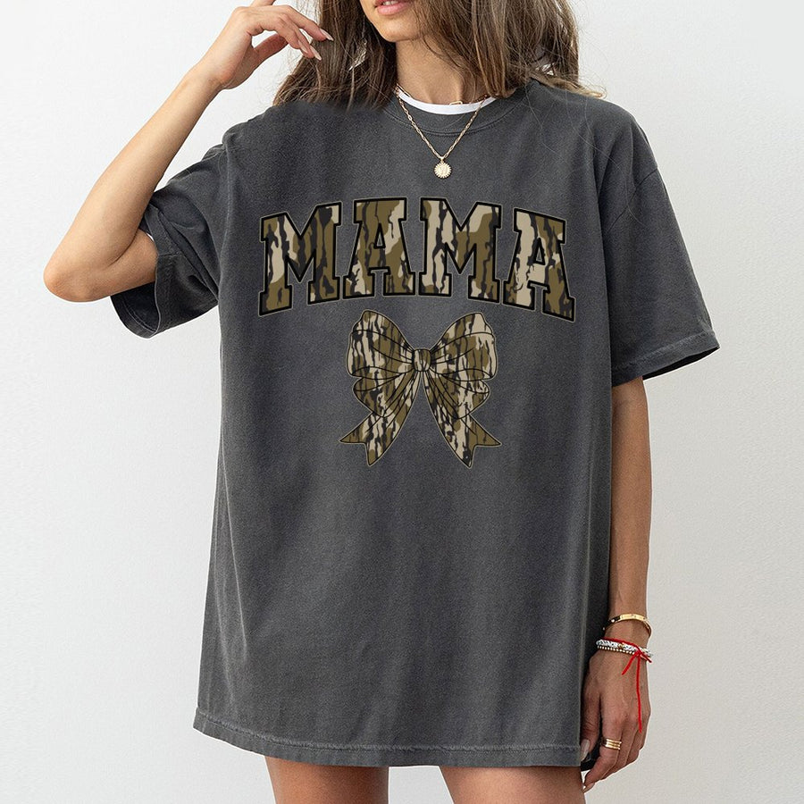 Camo Mama T-Shirt | Trendy Camouflage Bow Graphic | Premium 100% Cotton Tee | Gift for Outdoorsy Mom, Hunter Wife, Country Style Outfit