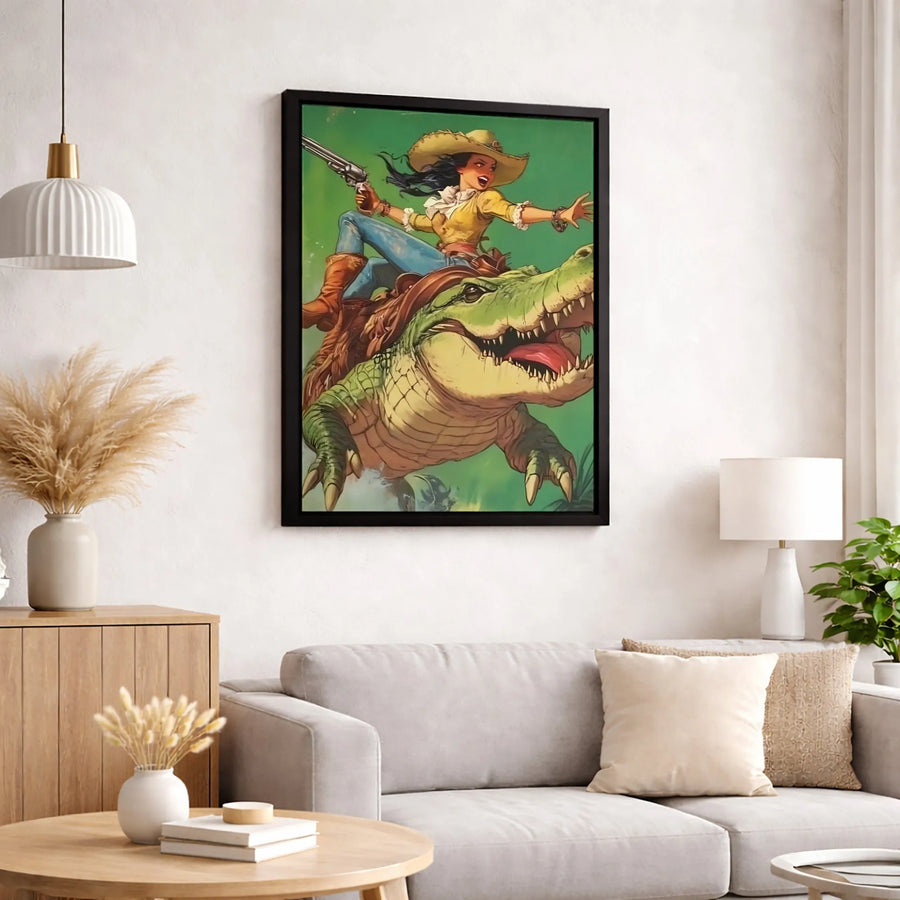 Cowgirl Riding Alligator Canvas Print | Western Fantasy Art | Premium Gallery Wrapped 1.25" Profile | Unique Wall Decor Gift for Her