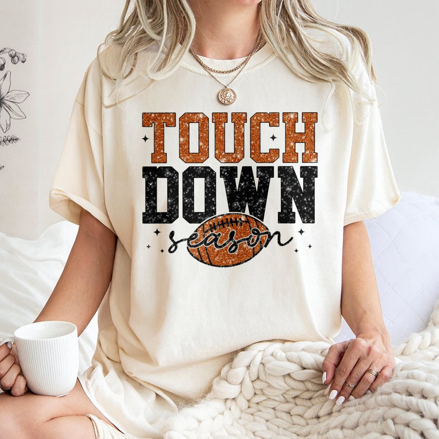 Touchdown Season T-Shirt | Football Glitter Graphic Tee | Premium 100% Cotton Shirt | Cute Fall Game Day Gift for Women & Fans
