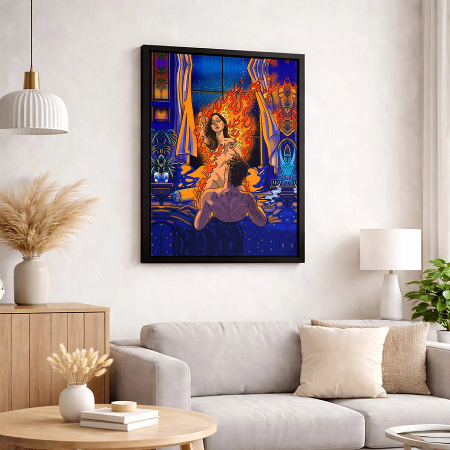 Passionate Couple Canvas Print | Romantic Bedroom Art Decor | Premium Fade-Resistant Gallery Wall | Artistic Lovers Fire Illustration