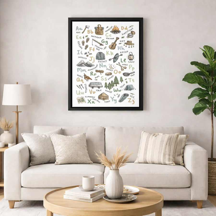 Camping Alphabet Wall Art | Outdoor Adventure Nursery Decor | Premium 1.25" Gallery Canvas | Educational Wilderness Gift for Kids