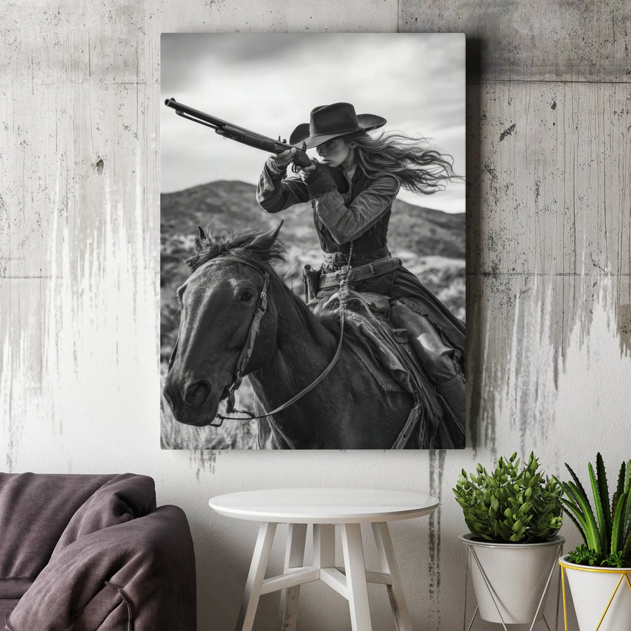 Western Cowgirl Vertical Canvas | Black and White Gunslinger Photography | Premium Gallery Style Canvas | Collector's Gift for Western Home Decor