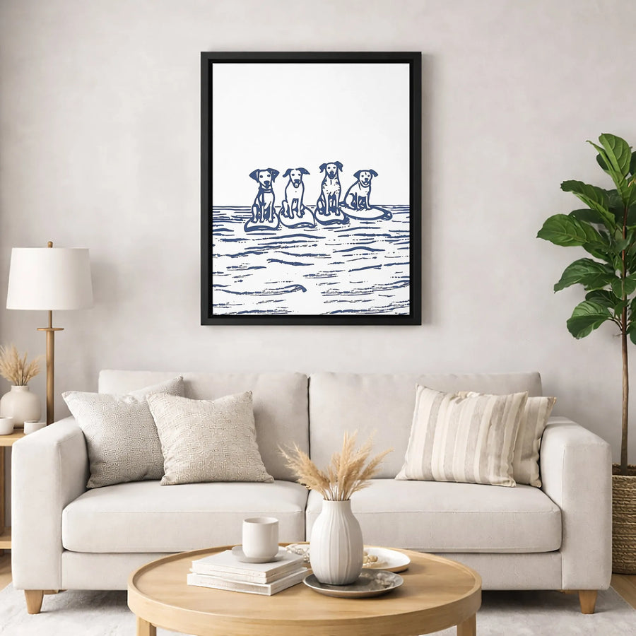 Dog Surfing Canvas Art | Blue Block Print Style Wall Decor | Premium 1.25-Inch Gallery Wrap | Coastal Beach House Gift