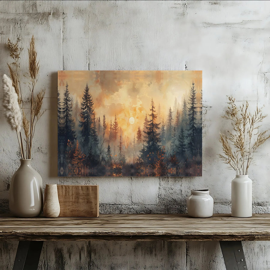 Misty Pine Forest Canvas Art | Golden Sunrise Landscape Print | 1.25 Inch Gallery Wrap Wall Decor | Nature Inspired Living Room Artwork